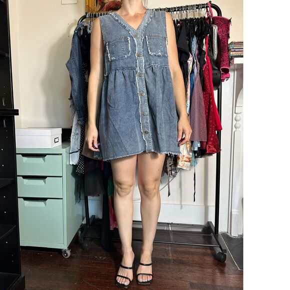 Pol 100% Cotton Denim Button Up Sleeveless Mini Dress Size Large - Picture 2 of 7